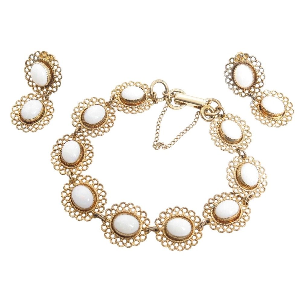Vintage BEAU STERLING Signed Gold‎ Vermeil Filigree Opal Cab Bracelet & Earrings